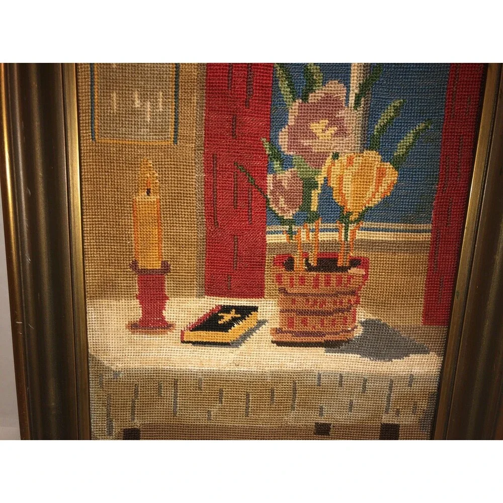 VTG 60s 70s STILL LIFE Bible Flowers Table Candle Christian Cross Stitch Framed